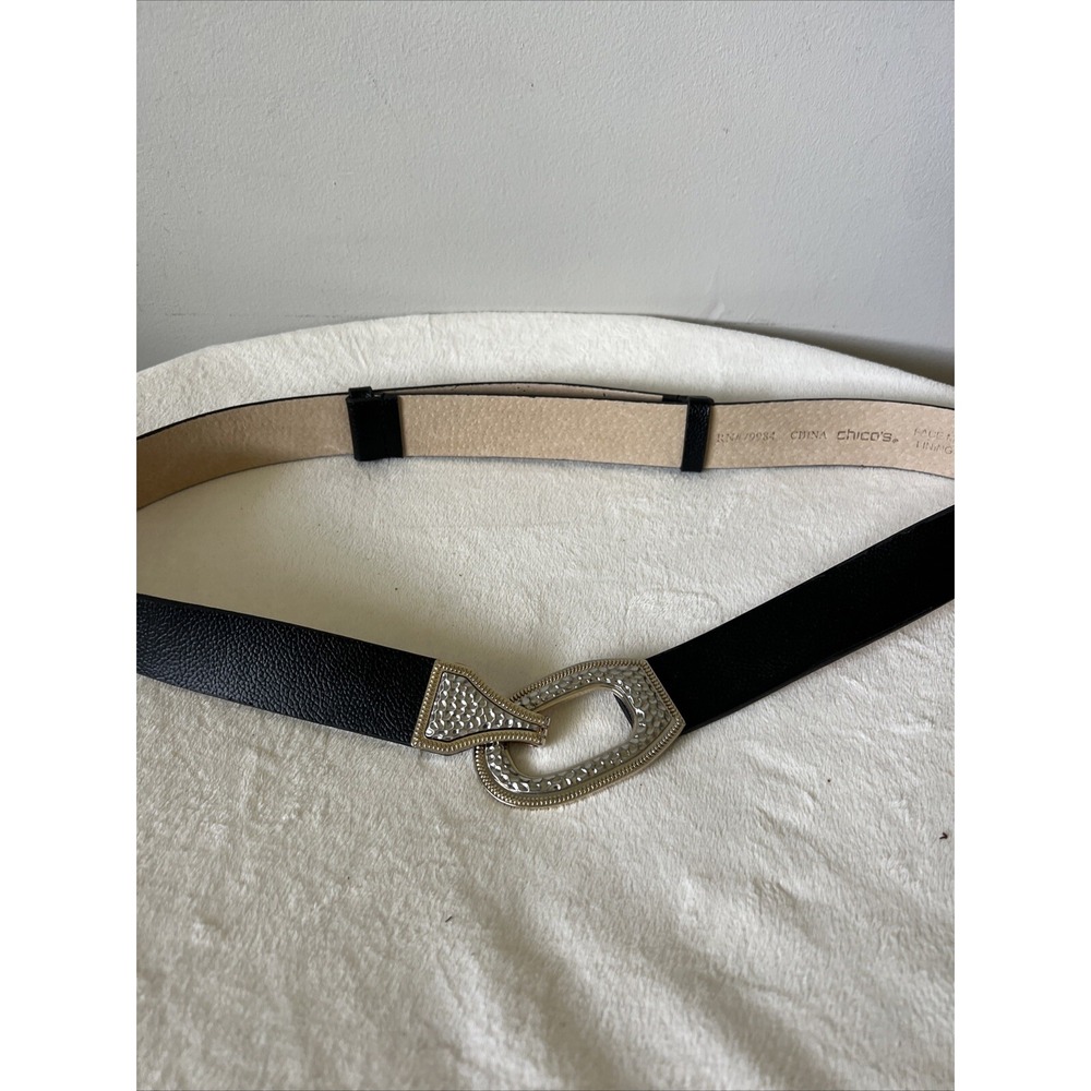 Chico's Belt Black Silver Tone Buckle Adjustable M/L Hook Loop Closure Brass